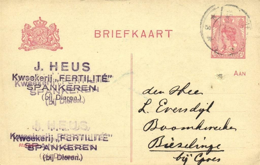 J. Heus, Kweekerij Fertilite, Spankeren - datum? - briefkaar, Ophalen of Verzenden, Briefkaart
