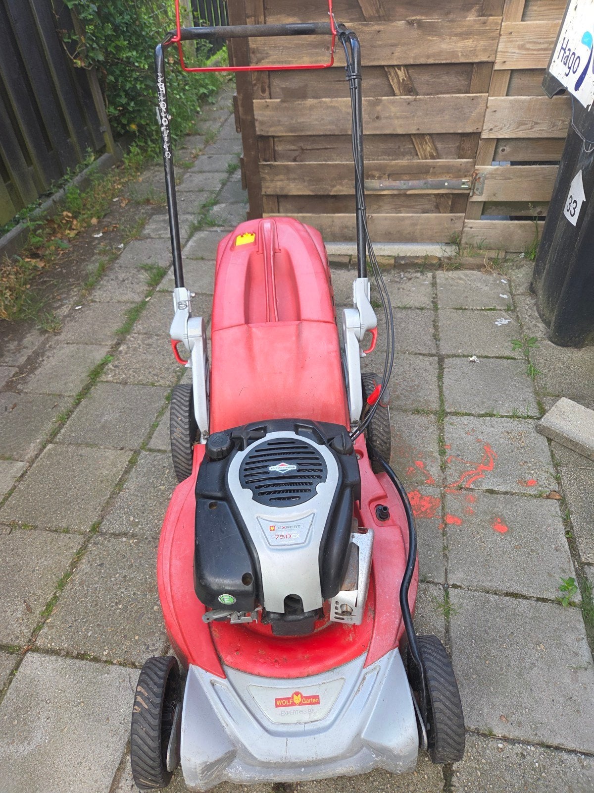 Wolf Garten grasmaaier met nieuw trekkoord, Ophalen, Cirkelmaaier, Opvangbak, Benzine-grasmaaier