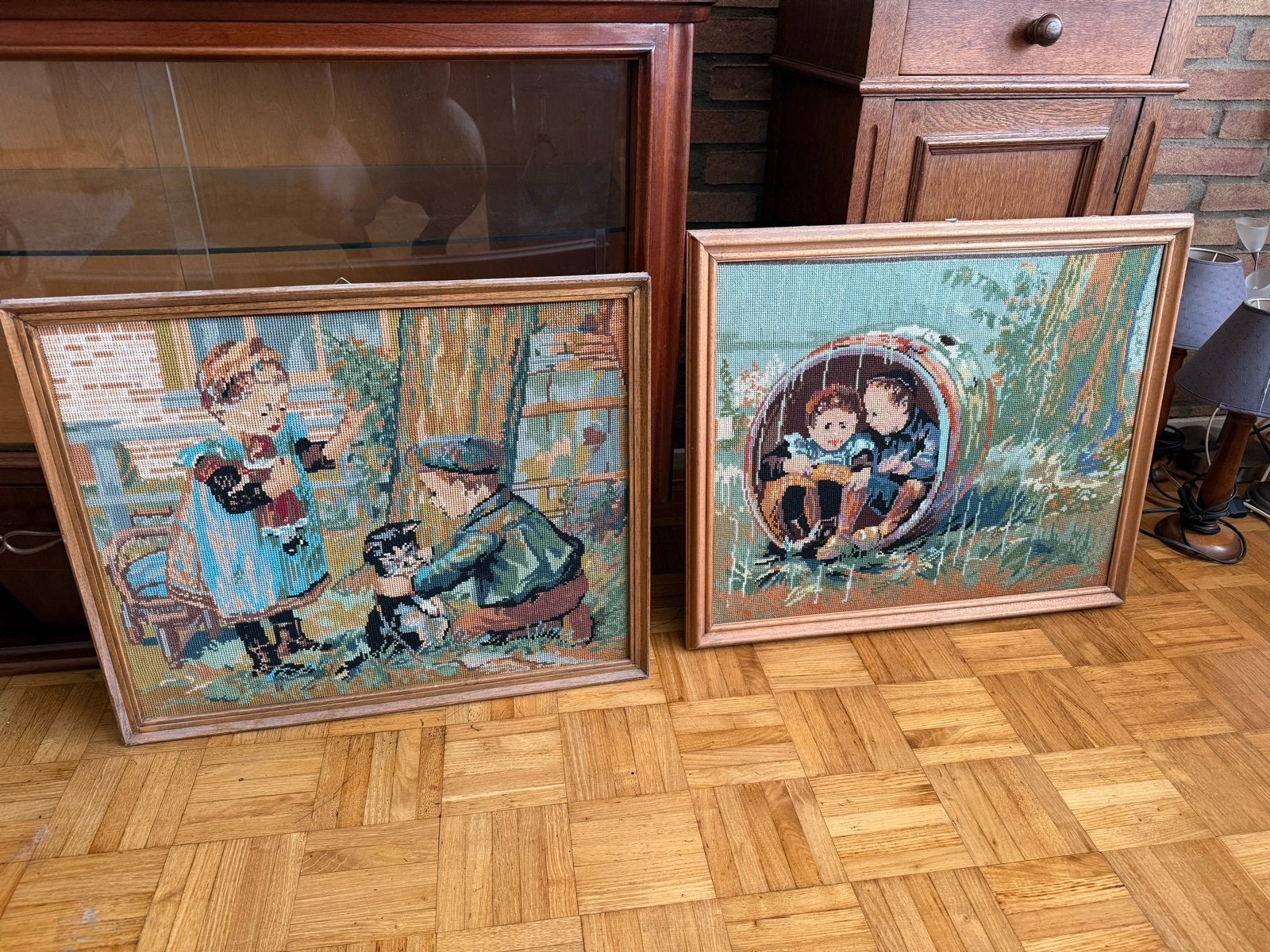 Set van 3 Vintage Geborduurde Schilderijen Ot en Sien, Ophalen of Verzenden