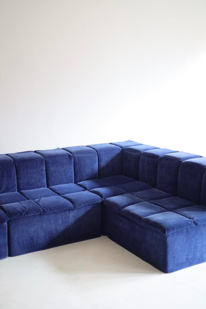 Modulaire bank 4 elementen, blauw velour, Ophalen, 125 cm of meer, Design, Tijdperk