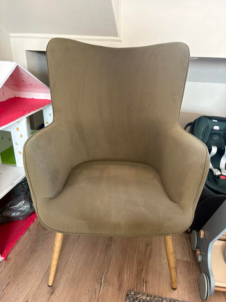 Donker groene stoel, ribstof, zo goed als nieuw, Jysk, Huis en Inrichting, Fauteuils, Ophalen, Zo goed als nieuw, 75 tot 100 cm