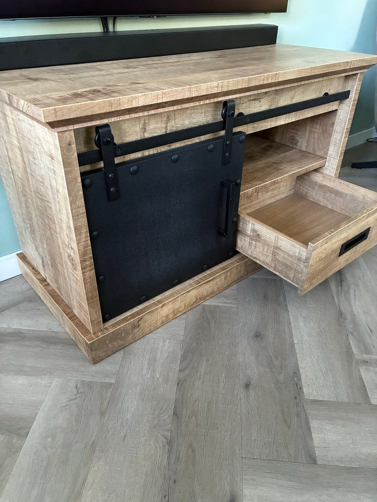 Stoere TV kast met schuifdeur en lade, 100 tot 150 cm, Ophalen of Verzenden, Zo goed als nieuw, Minder dan 100 cm