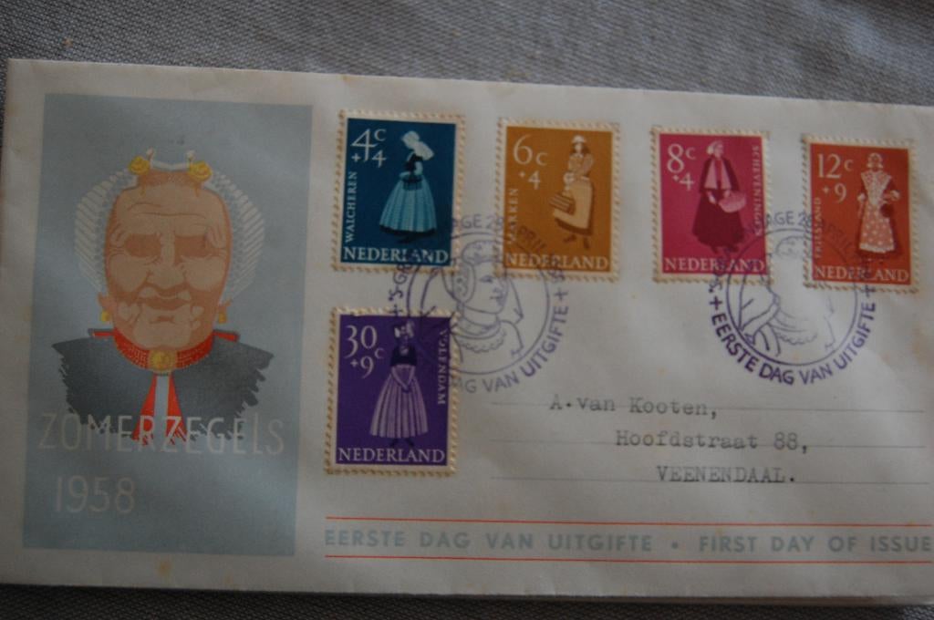 Een EERSTEDAGENVELOP met ZOMERZEGELS uit 1958   E34, Postzegels en Munten, Ophalen of Verzenden, Beschreven, Nederland
