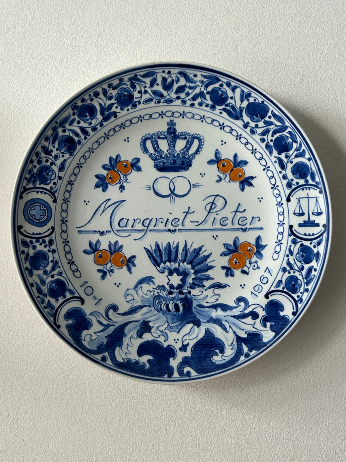 Delfts blauw trouwbord Margriet en Pieter 1967 De Porceleyne, Ophalen of Verzenden