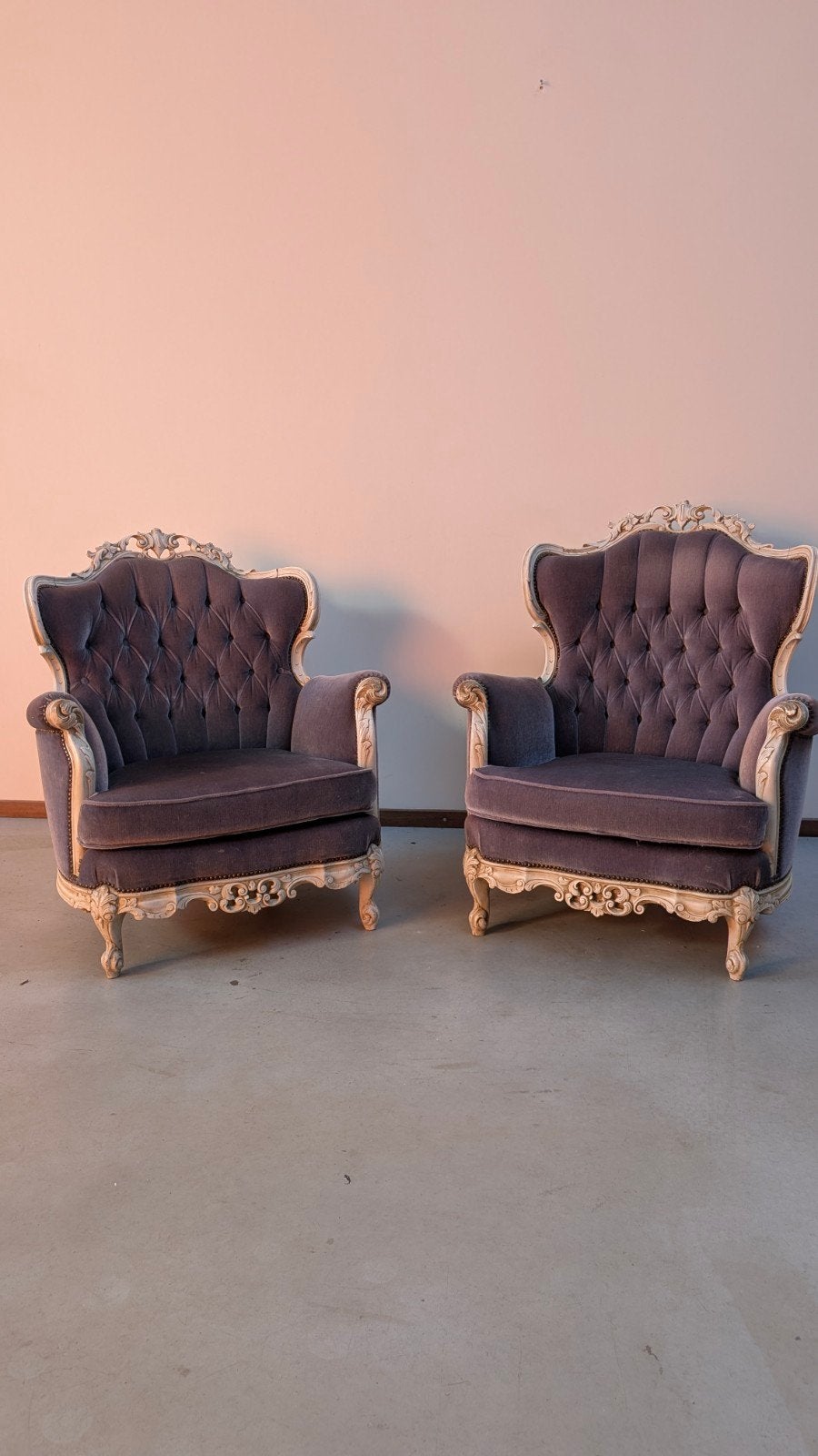Set van 2 Barok Fauteuils - Paars Velours, Antiek en Kunst, Antiek | Meubels | Stoelen en Banken, Ophalen of Verzenden