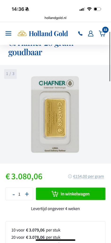 Chafner 20 gram goudbaar 999.9 puur goud, Ophalen, Goud