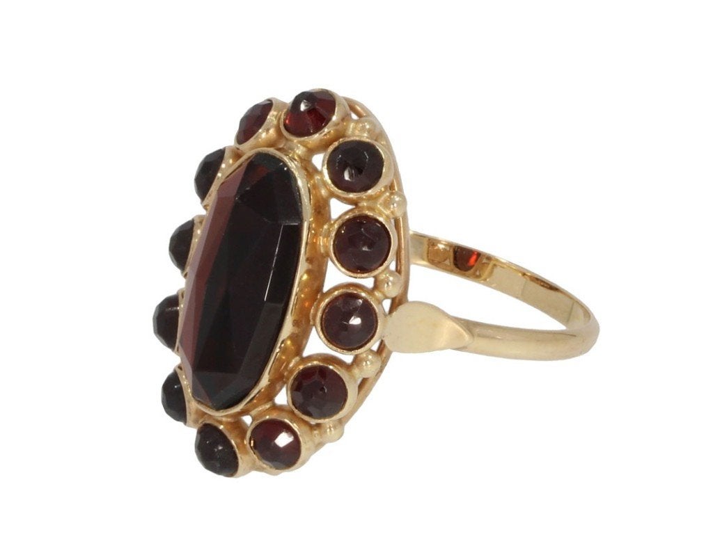 Granaat entourage 14k gouden vintage dames ring robuust, Sieraden, Tassen en Uiterlijk, Antieke sieraden, Ophalen of Verzenden