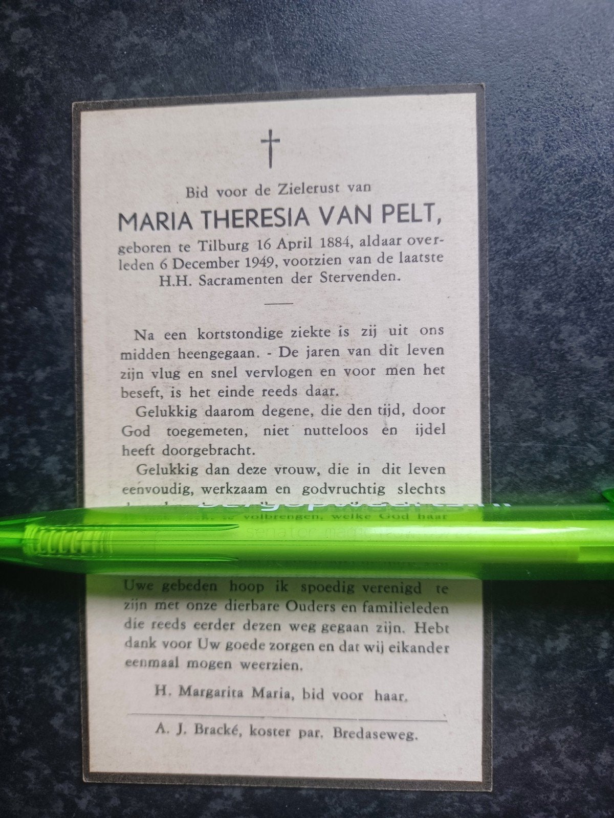 Bidprentje Tilburg Maria T van Pelt 1884 1949, Ophalen of Verzenden, Bidprentje