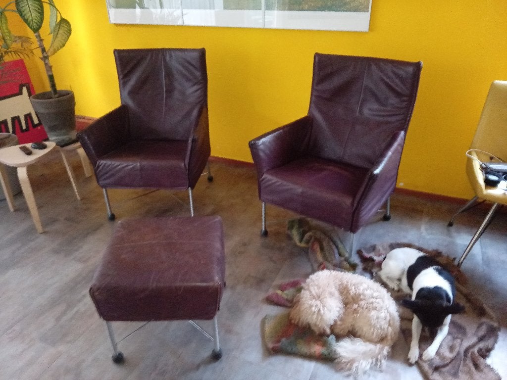 2 Leren fauteuils Charly + Hocker, Huis en Inrichting, Fauteuils, Gebruikt, Ophalen of Verzenden, Tijdloos, Comfortabel, 50 tot 75 cm