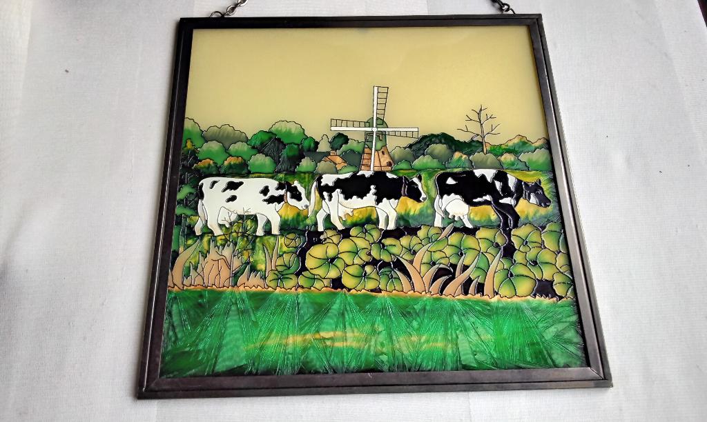 Glas in Lood Schilderij Gebrandschilderde Boerderij en Molen, Ophalen, Gevelraam of Ruit, Minder dan 80 cm, Minder dan 80 cm