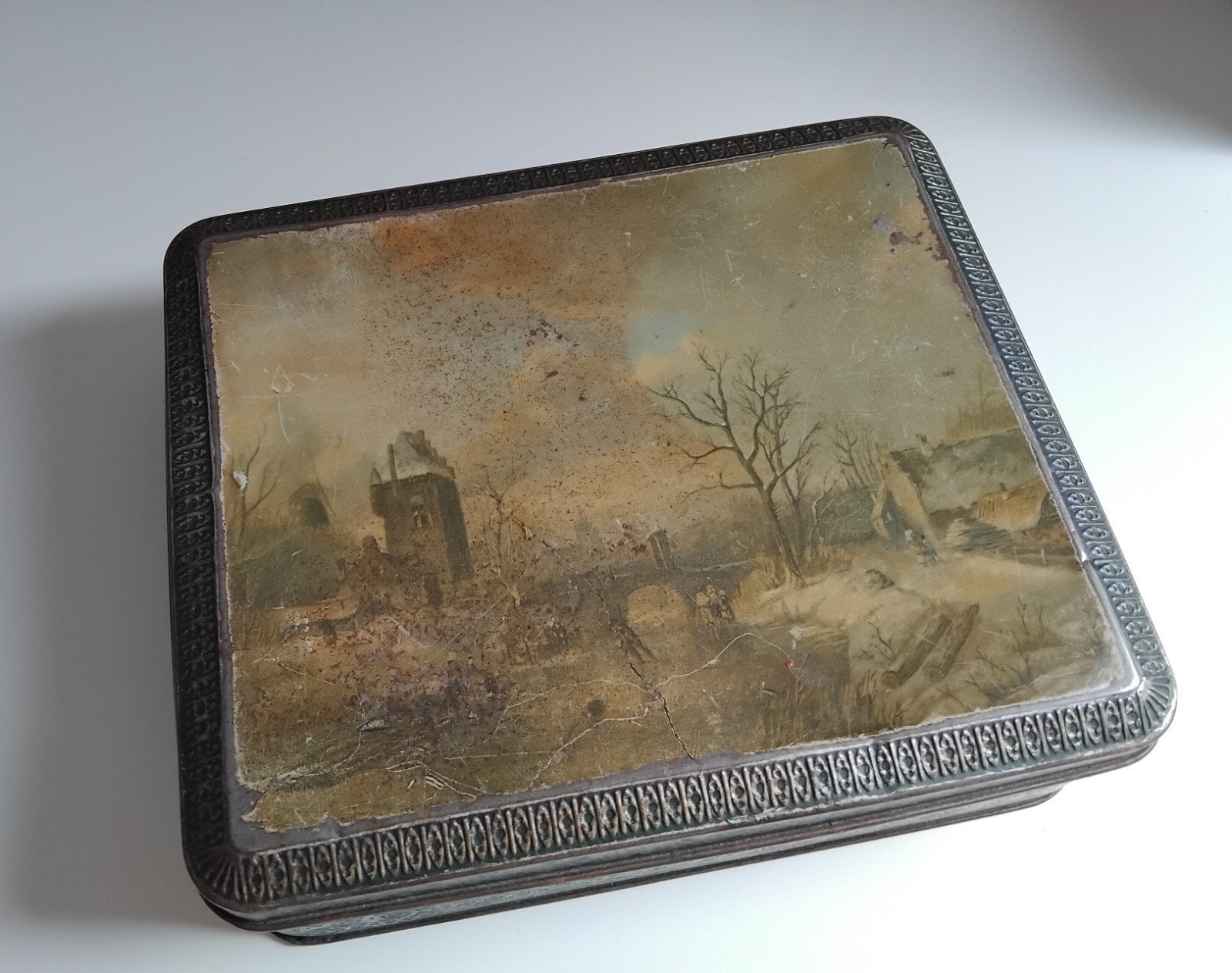 Vintage blikken koektrommel met winterlandschap, Ophalen of Verzenden