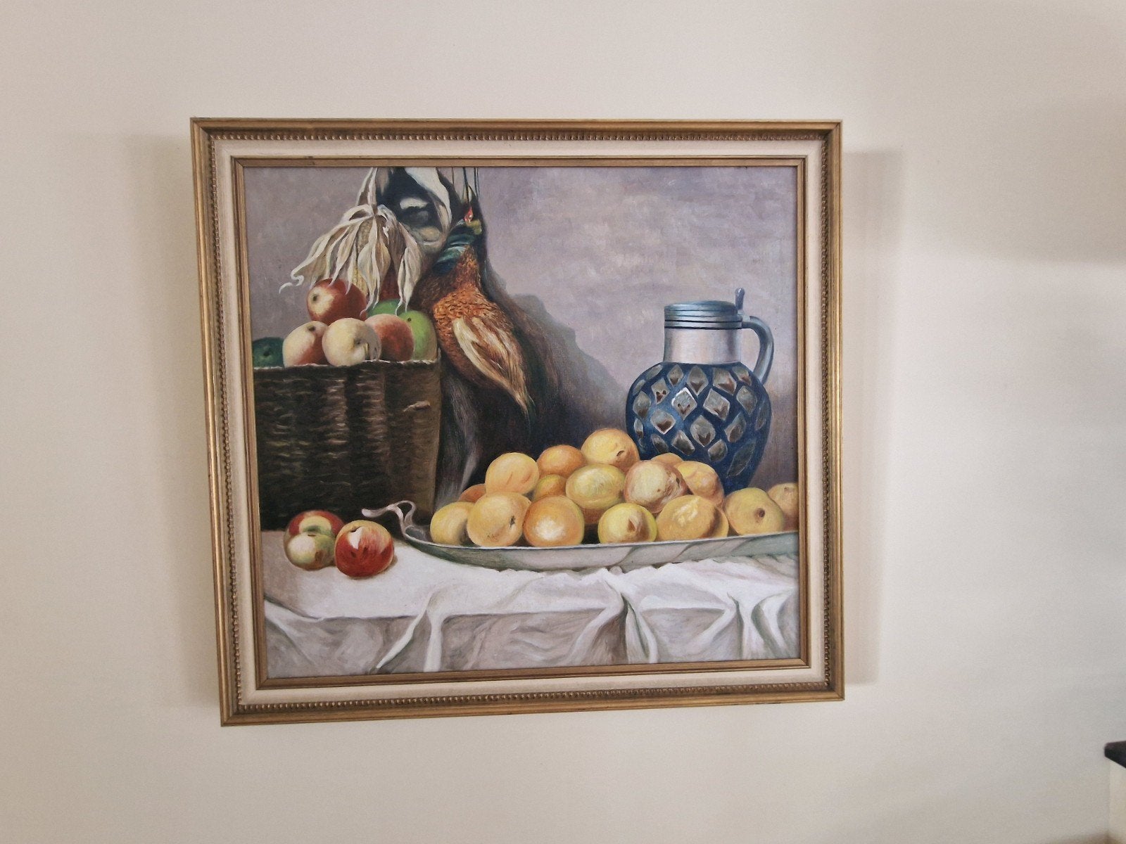 Prachtig Stilleven Schilderij met Fruit en Kan, Antiek en Kunst, Ingelijst, Doek, Realistisch, Stilleven