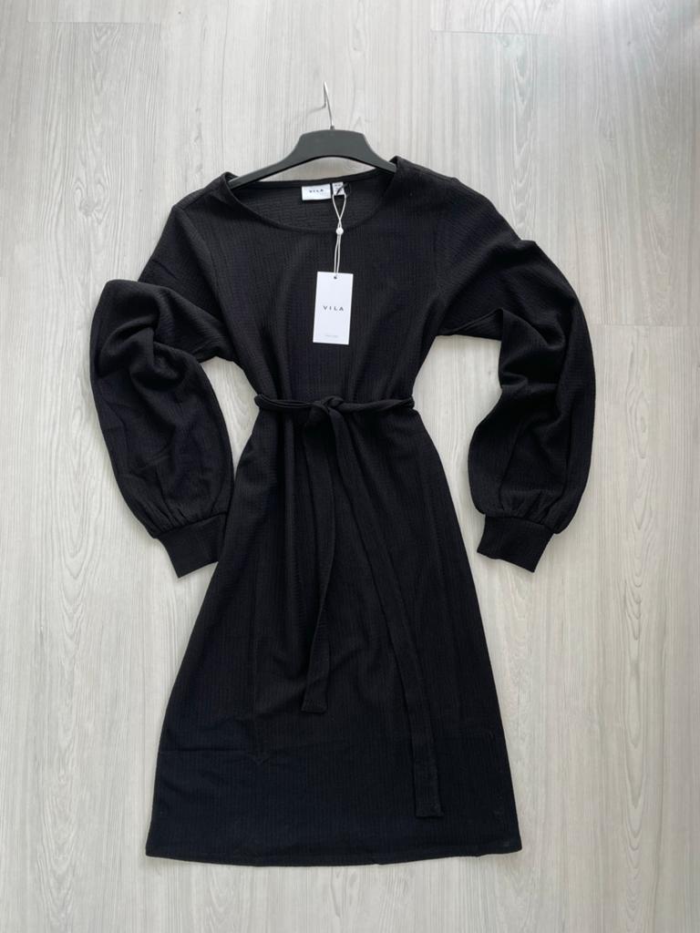 VILA Zwarte Jurk met Ceintuur - Maat M, Kleding | Dames, Jurken, Nieuw, Maat 38/40 (M), Zwart, Knielengte, Ophalen of Verzenden