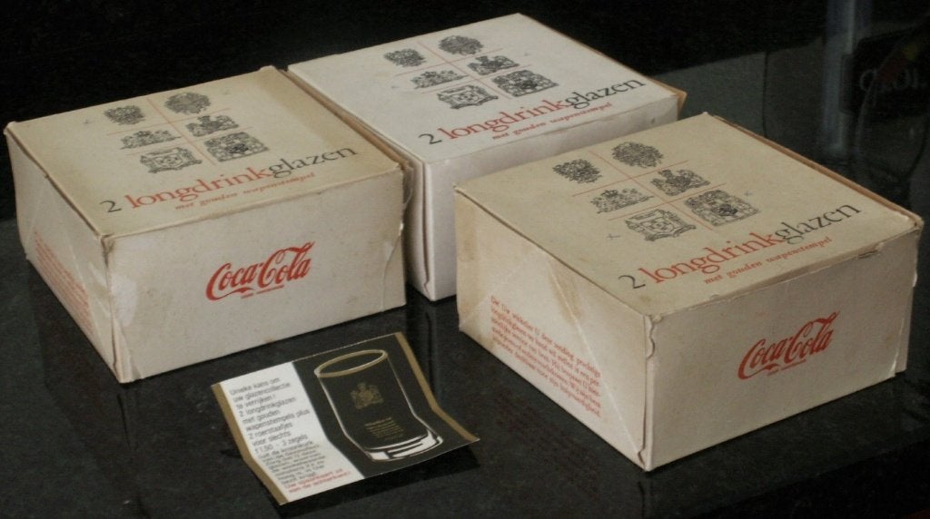Complete set Coca Cola longdrinkglazen gouden wapenstempels, Verzamelen, Ophalen of Verzenden, Nieuw, Bierglas
