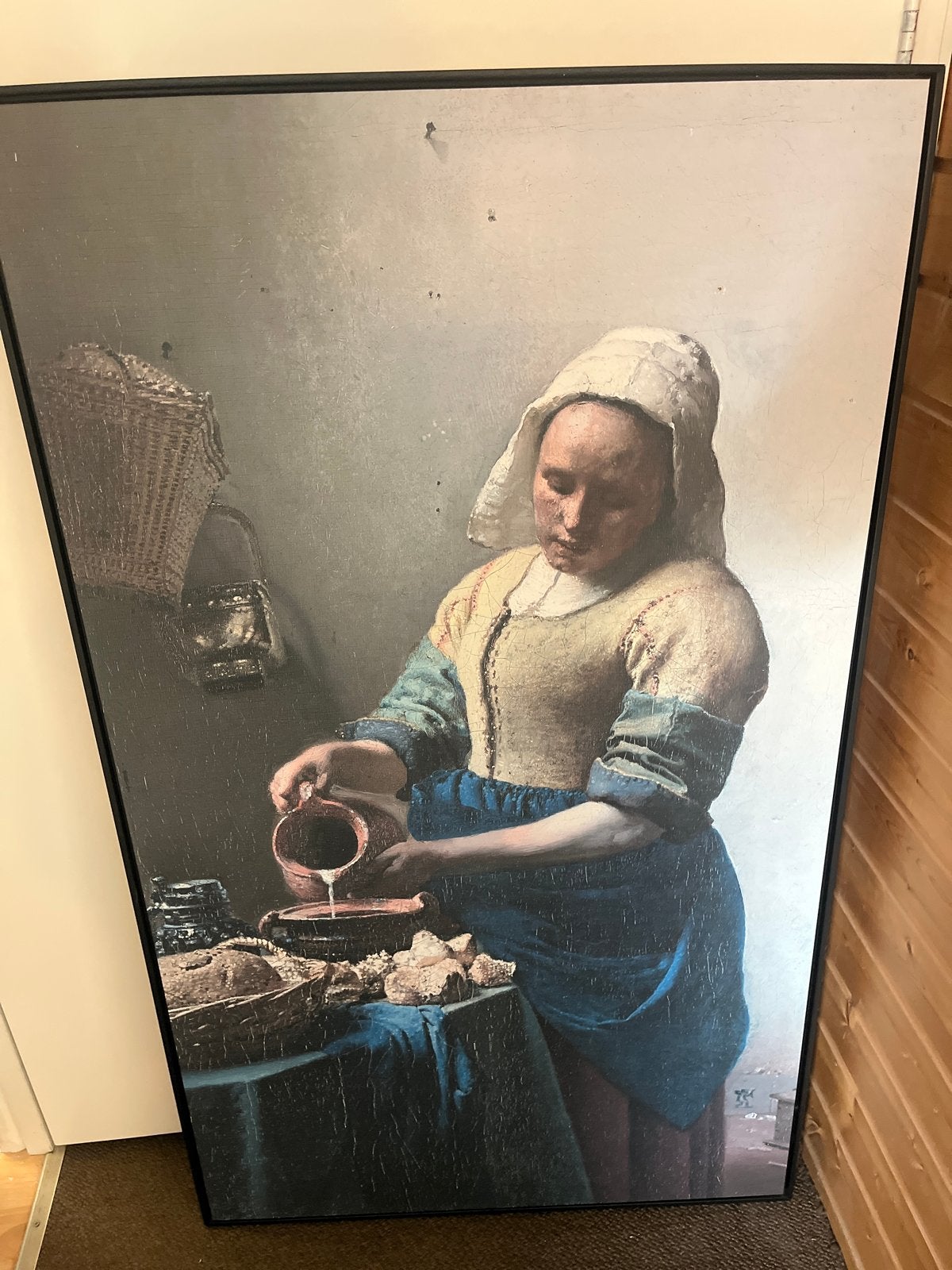 Replica Het Melkmeisje met zwarte lijst (ca. 60x100 cm), Antiek en Kunst, Ophalen, Doek, Portret of Personen, Klassiek