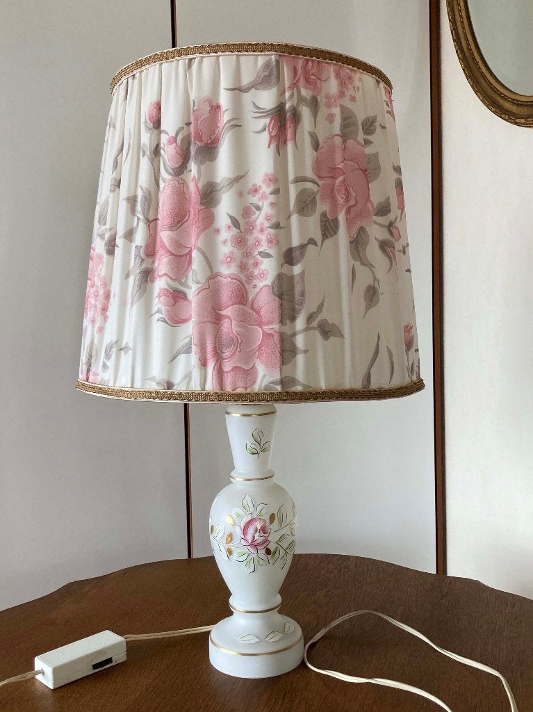 Schemerlamp H: 58 cm matte wit-glazen voet bloemmotief, Ophalen, Gebruikt, Wit, Schemerlamp