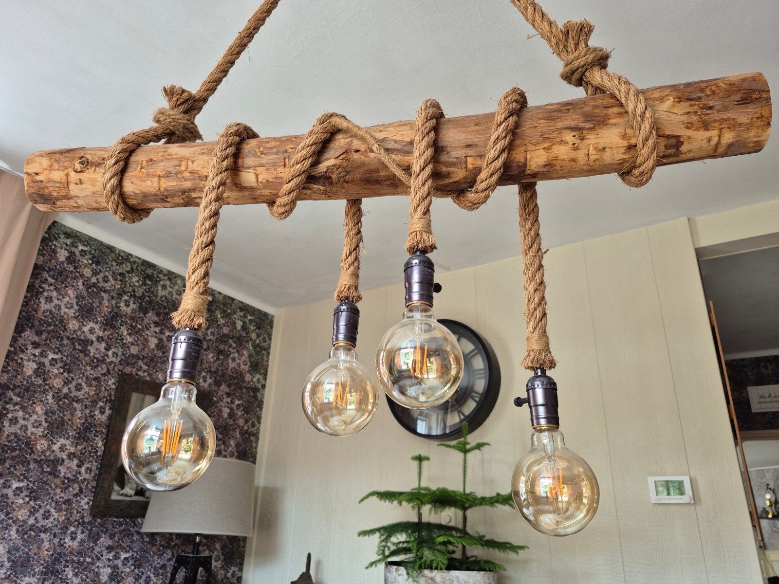 Industriële boomstam hanglamp, Huis en Inrichting, Ophalen, Zo goed als nieuw, Hout
