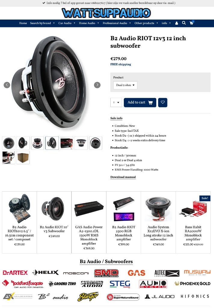 B2 Audio RIOT 12v3 12 inch subwoofer 1000W RMS, Auto diversen, ., Nieuw, Ophalen of Verzenden, Plantevej 35, 2870 Dyssegaard, Denmark