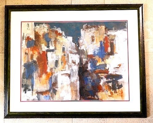 Huizen in Zuid-Europa '91 - Jelle Hoogstra 1924-2003, Gouache, Bijzondere lijst, Expressionistisch, Ophalen of Verzenden