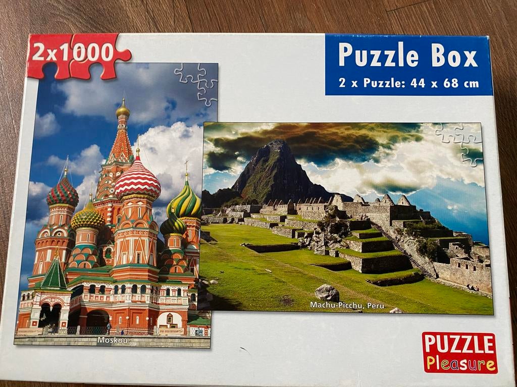 Puzzle Box 2x1000 stukjes - Moskou & Machu Picchu, Ophalen of Verzenden, 500 t/m 1500 stukjes, Zo goed als nieuw, Legpuzzel