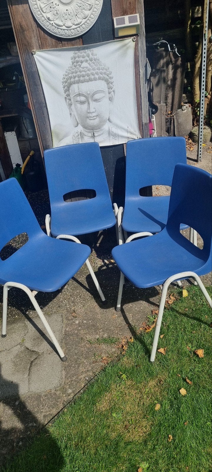 Set van 4 blauwe stoelen - Gebruikt, Modern, Stapelbaar, Gebruikt, Blauw, Ophalen of Verzenden