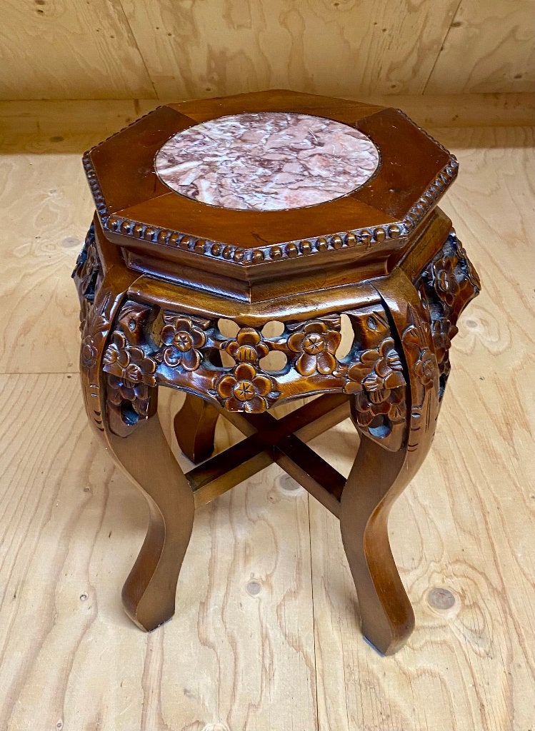 Chinese bijzettafel van ijzerhout met marmerblad, Huis en Inrichting, Tafels | Bijzettafels, Gebruikt, Rond, 45 tot 60 cm, Minder dan 55 cm