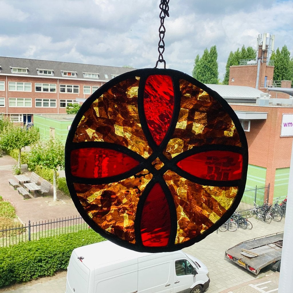 Raamhanger, glas in lood, rood, amber, vintage, Ophalen