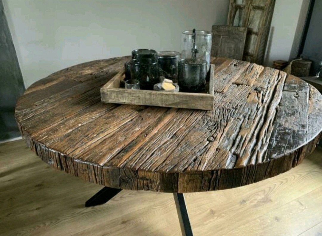 Eettafel rond robuust, wagondelen, Ophalen, Rond, 100 tot 150 cm, 100 tot 150 cm