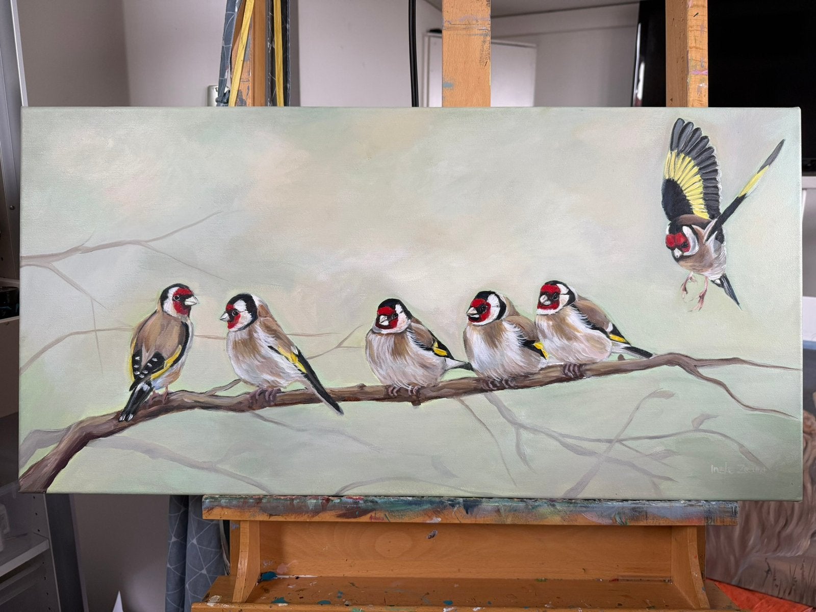 Schilderij puttertjes, Acrylverf, Ophalen of Verzenden, Dieren, Handgeschilderd