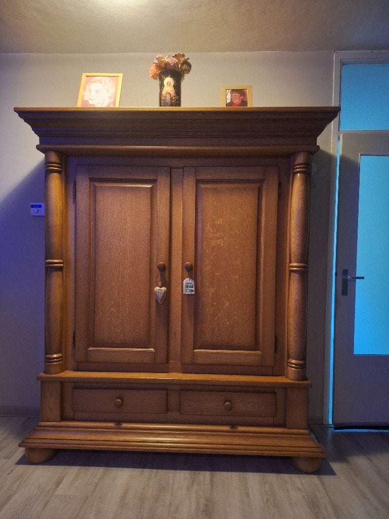 Massief eikenhouten kast met lades en deuren, Ophalen, Gebruikt, Eikenhout, 200 cm of meer