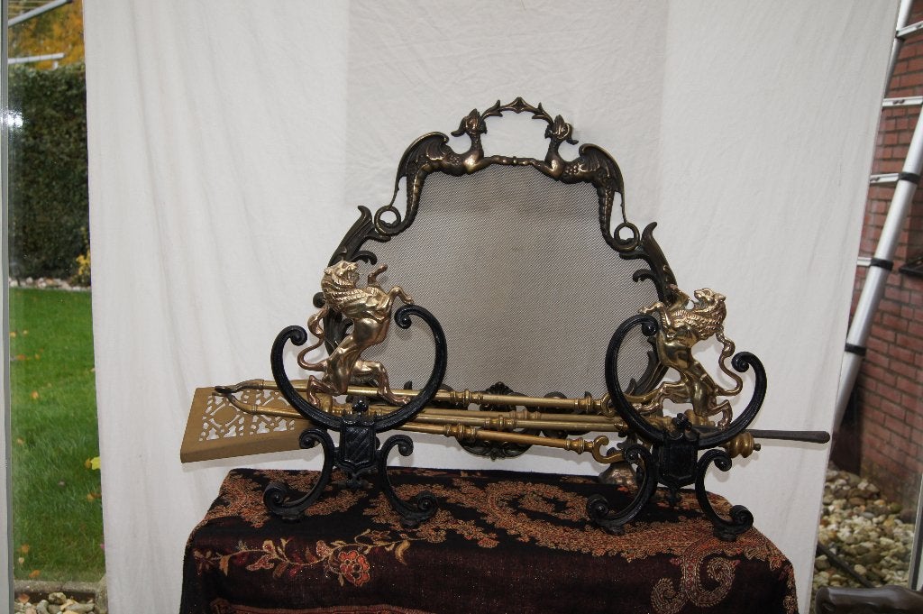 Antieke haardset met leeuwen ( Brons, Antiek en Kunst, Ophalen