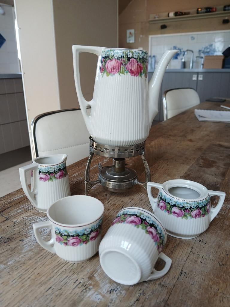 Decoratieve Brocante koffieset met compleet rechaud, Gebruikt, Overige typen, Ophalen of Verzenden, Overige stijlen