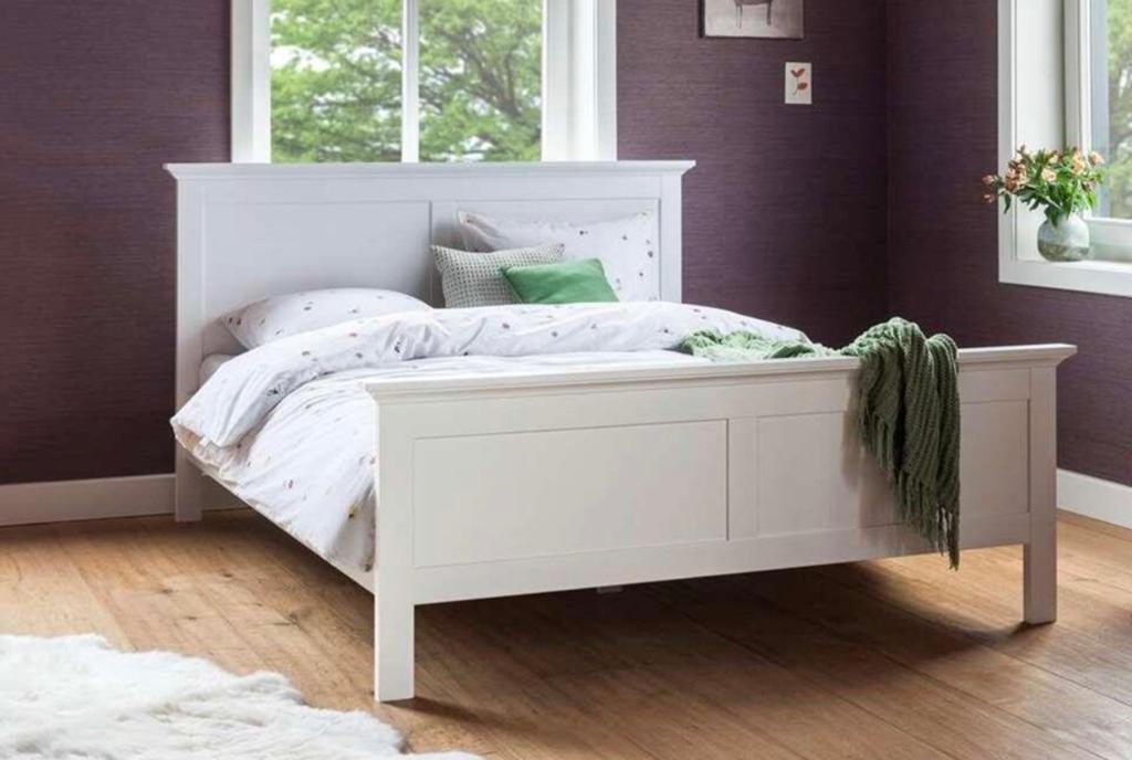 Wit tweepersoonsbed met hoofdbord en lattenbodem 140 x 200, Ophalen, Wit, Tweepersoons, 140 cm