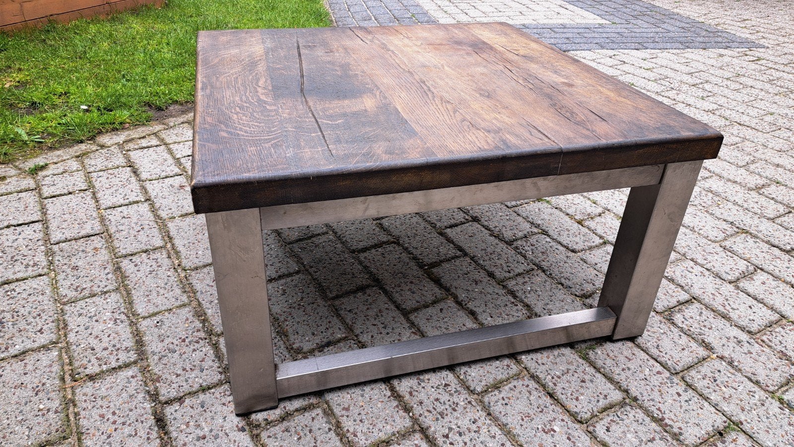 Salontafel met RVS onderstel en massief eiken blad, Ophalen, Gebruikt, 50 tot 100 cm, Vierkant