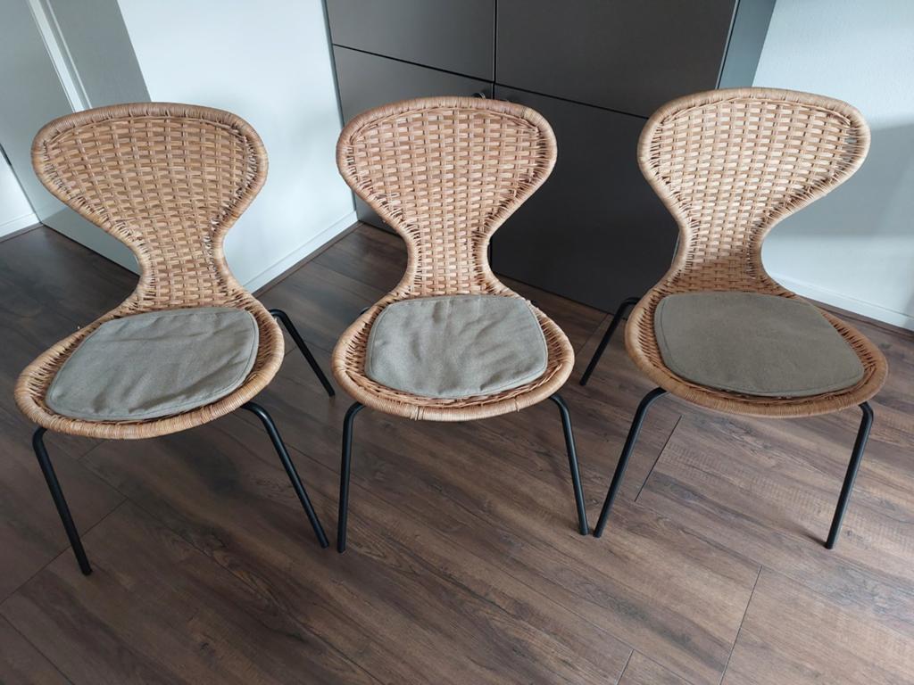3 Ikea Alvasta Eetkamerstoelen Rotan., Huis en Inrichting, Stoelen, Gebruikt, Drie, Metaal, Riet of Rotan, Bruin, Ophalen