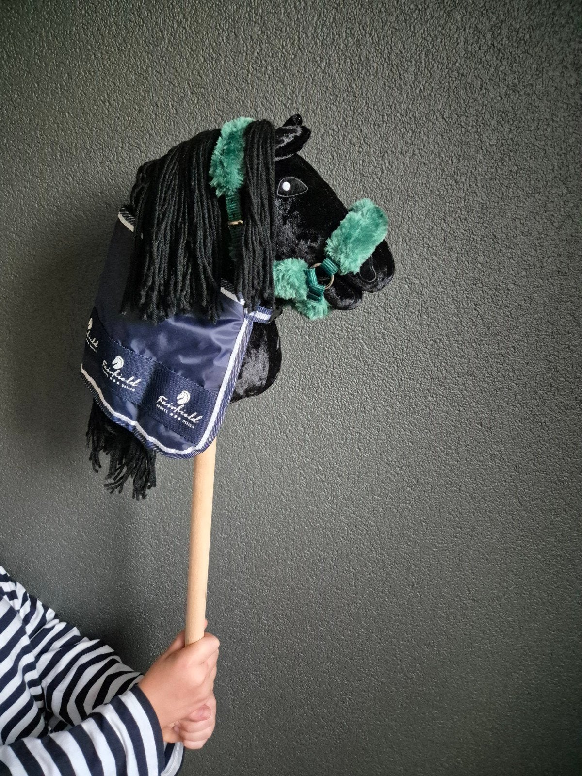 Hobby horse zwart met groene halster en blauwe regendeken, Ophalen