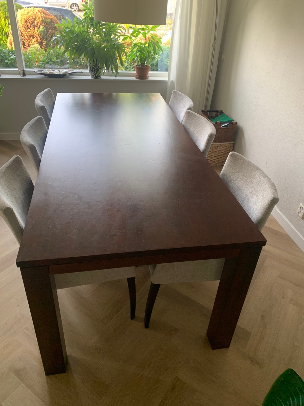 Grote  eettafel van kersenhout met 6 stoelen, Ophalen, Gebruikt, 4 tot 6 stoelen