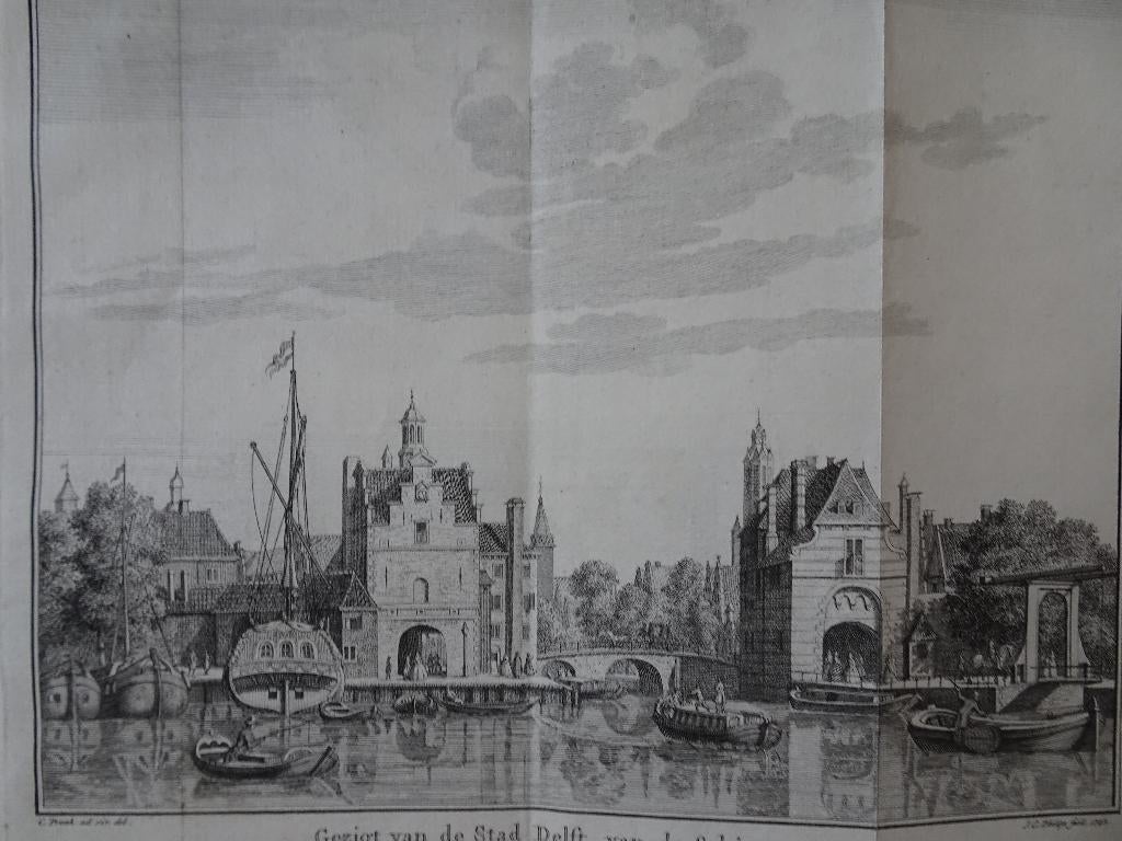 gravure zicht stad Delft, poorten, water, JC Philips 1742, Verzenden, Gravure, Origineel, 1700 - 1799