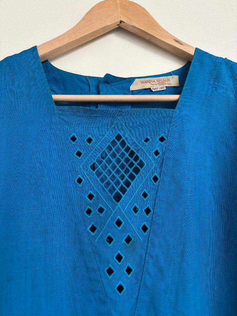 Marina Rinaldi Linnen Jurk turquoise Broderie – Maat 38/40, Maat 38/40 (M), Blauw, Ophalen of Verzenden, Gedragen