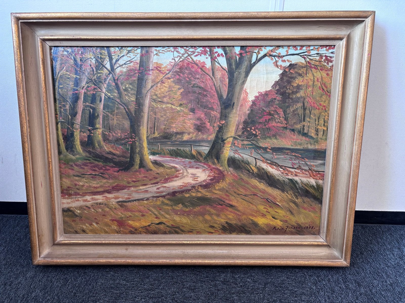 Schilderij Herfstbos met pad en beek - Gesigneerd 1978, Ophalen, Doek, Realistisch, Gesigneerd