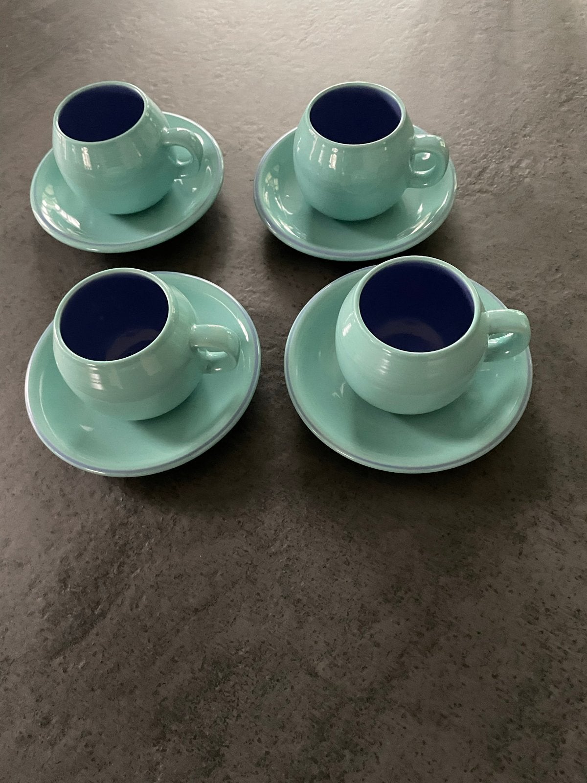 Vintage Hema Kop en Schotel Turquoise Blauw Jaren 80 (4x), Hema, Vintage, Ophalen of Verzenden, Zo goed als nieuw