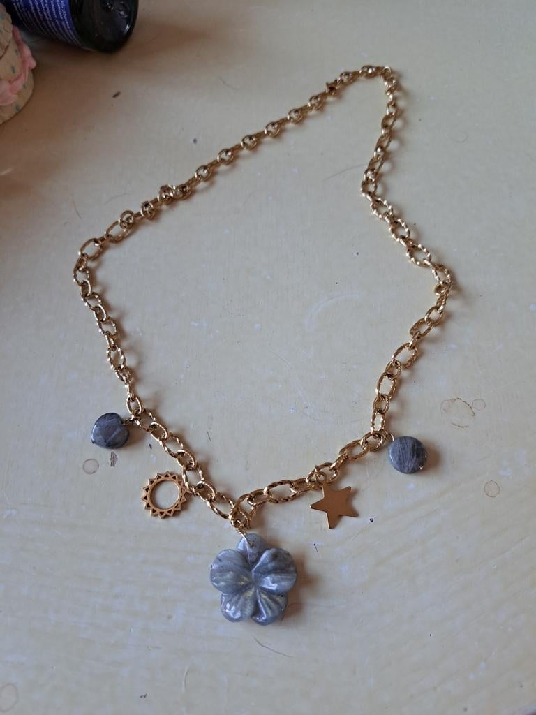 Ketting stainles steel 60cm labradoriet, Ophalen of Verzenden, Zilver, Overige materialen