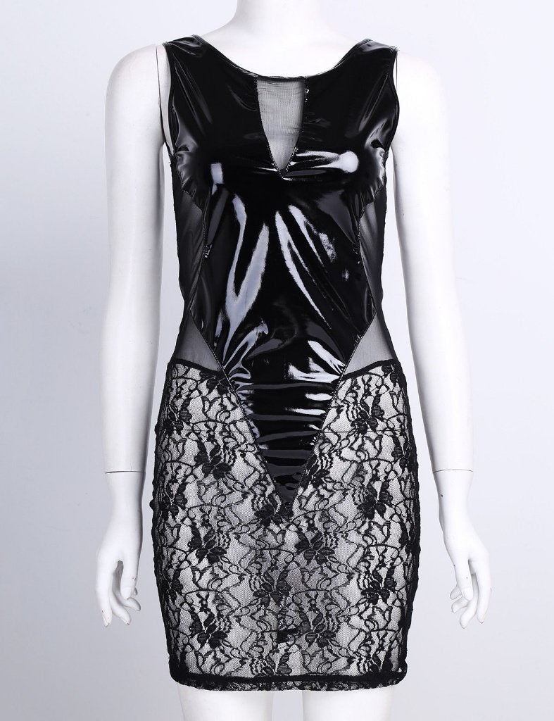 Zwarte leren kanten jurk / lak wetlook dames vrouwen, Maat 38/40 (M), Verzenden, Zwart, Nieuw