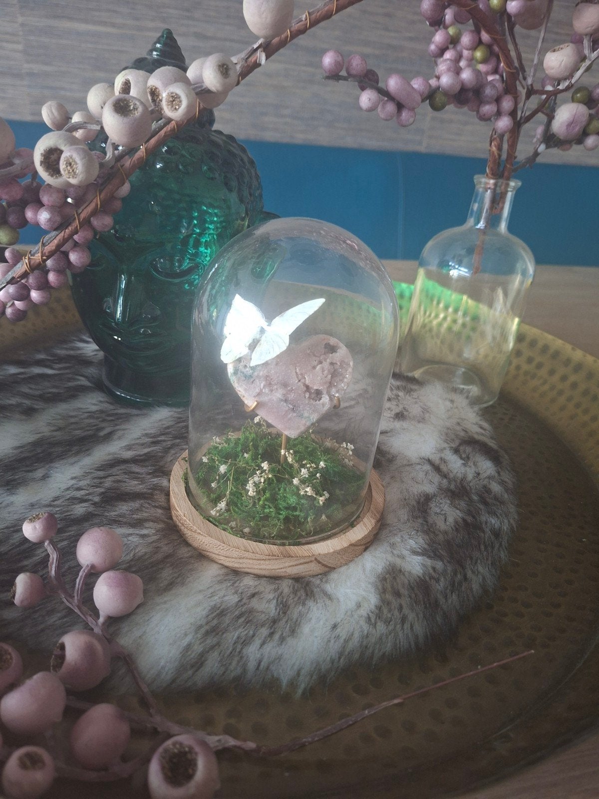 Glazen stolp met roze amethist hart en witte vlinder, Glas, Ophalen, Nieuw, Handgemaakt