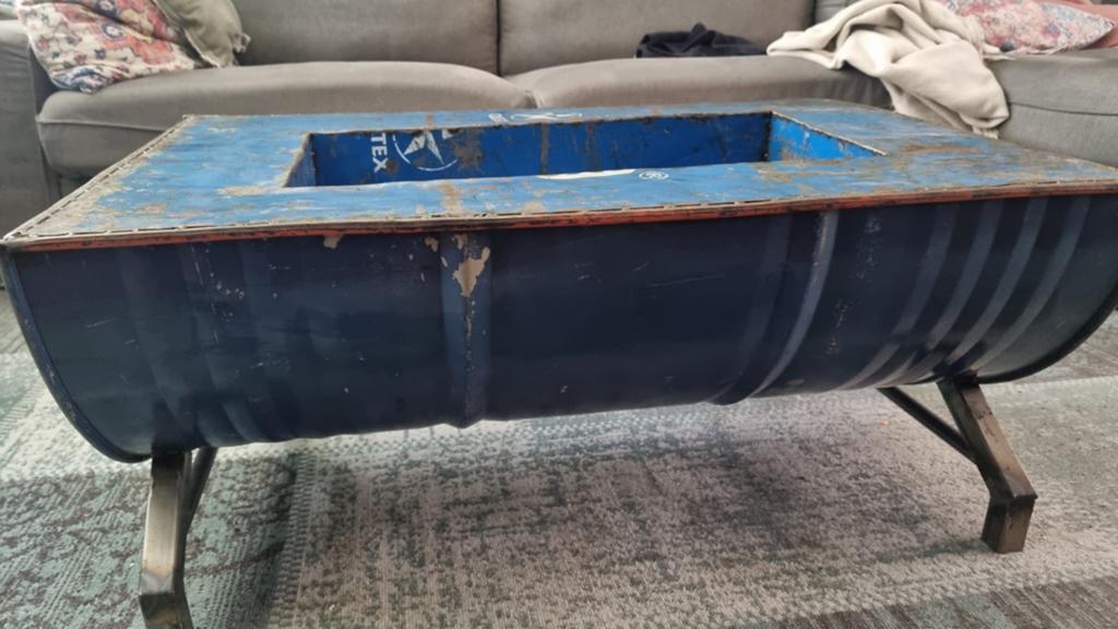 Unieke salontafel van olievat - Industriële stijl, Ophalen, Gebruikt, 50 tot 100 cm, 50 tot 100 cm