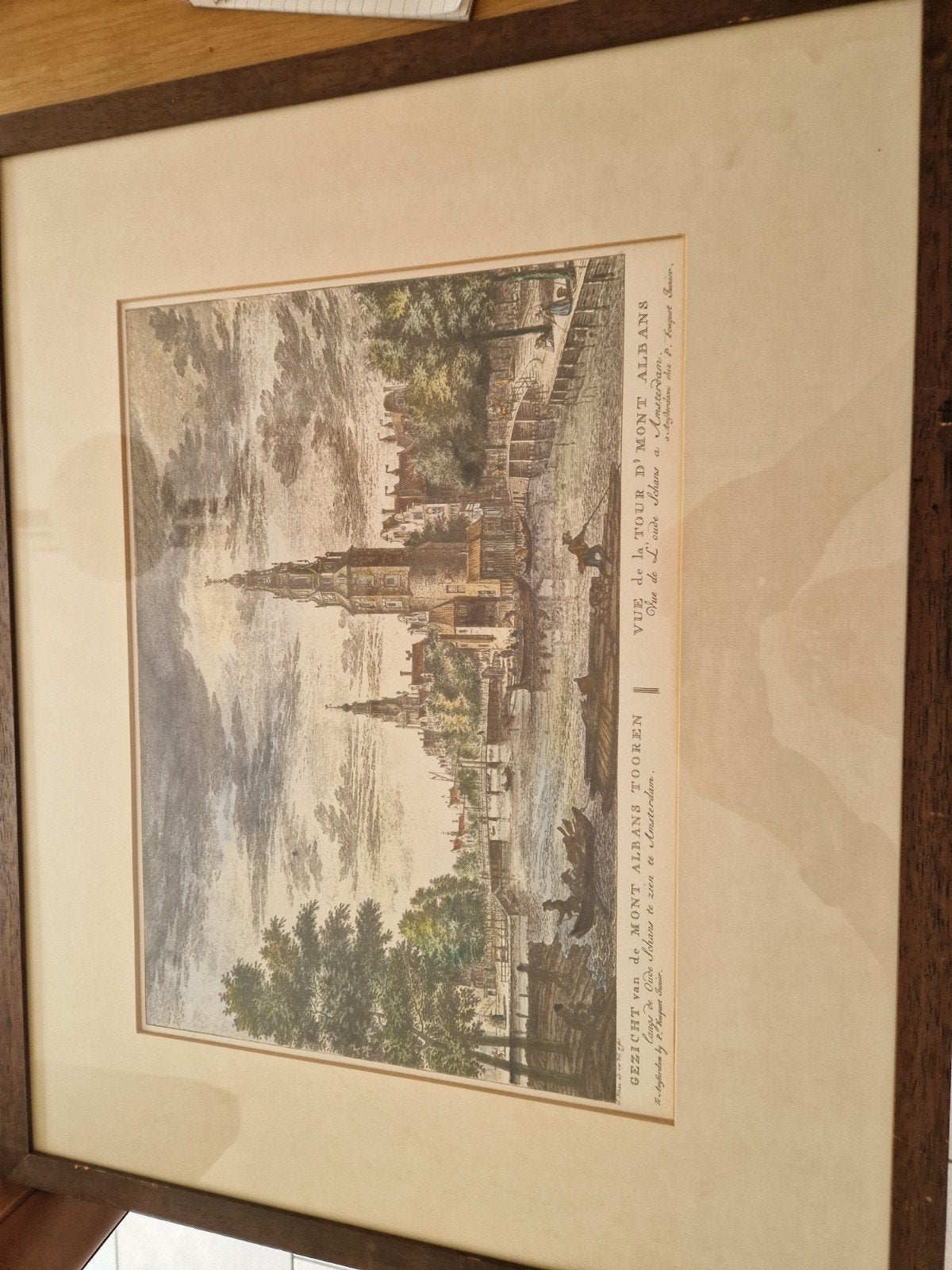 Gezicht op de Mont Albans Toren, Amsterdam, Antiek en Kunst, Kunst | Etsen en Gravures, Stadsgezicht, Gravure, 1700 - 1799, Handgekleurd