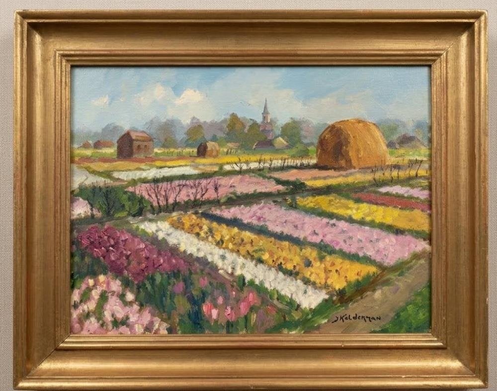 schilderij met bollenvelden, Ophalen of Verzenden, Klassiek, Ingelijst, Bloemen