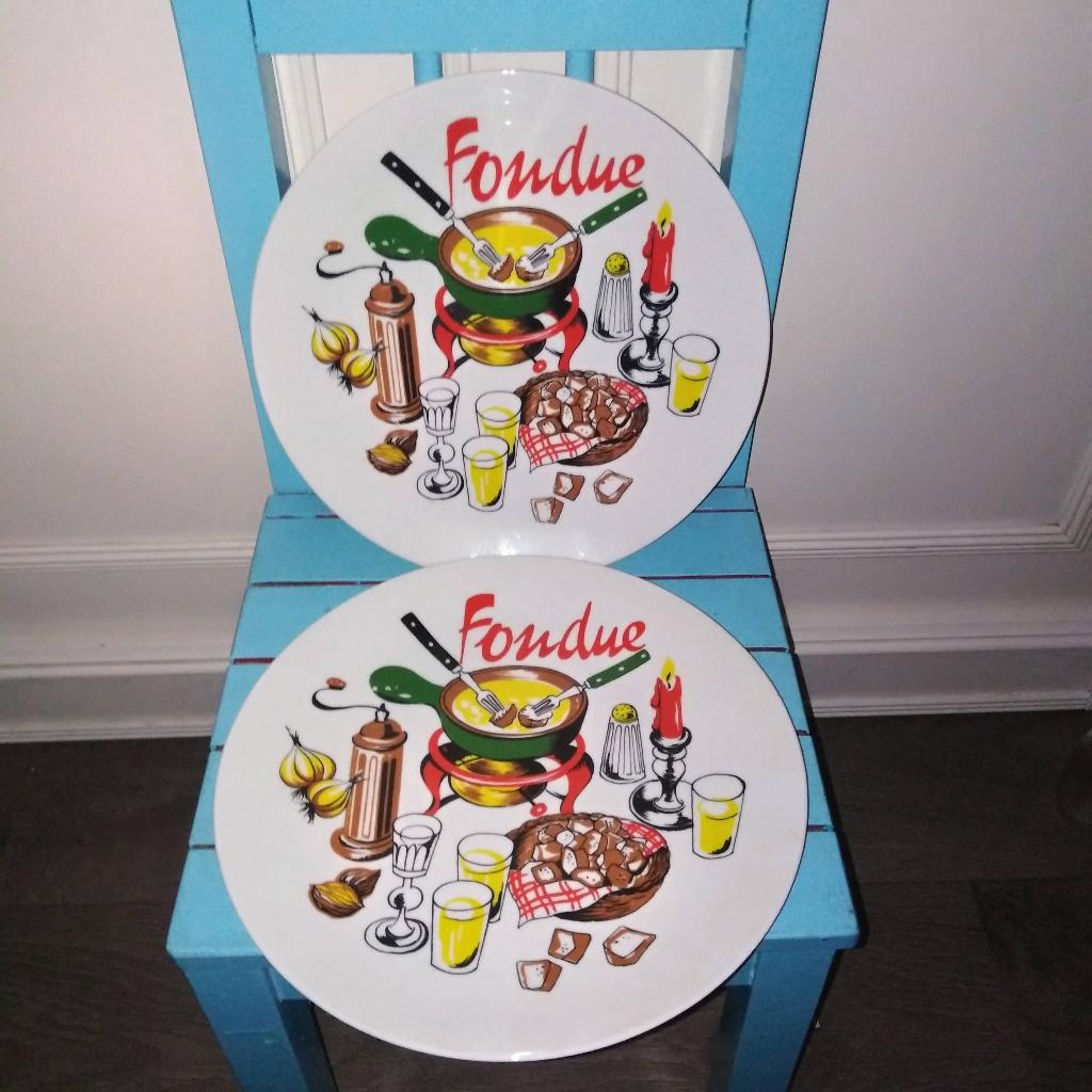 Kaasfondue borden met leuke print 2 stuks, Ophalen, Gebruikt, Bord(en), Overige stijlen