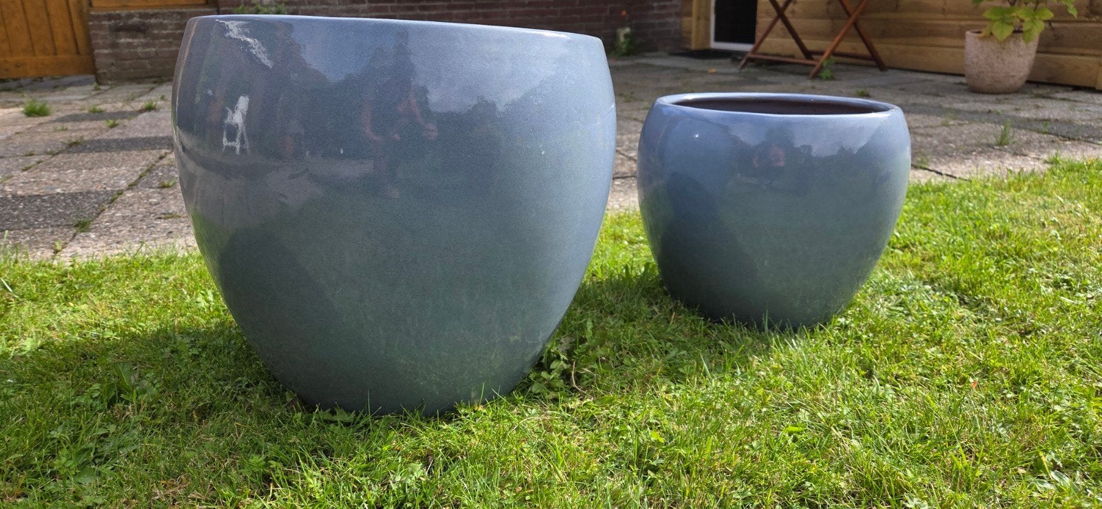 Leuke lichtblauwe geglazuurde bloempotten!, Tuin en Terras, Rond, Minder dan 40 cm, Aardewerk, Ophalen
