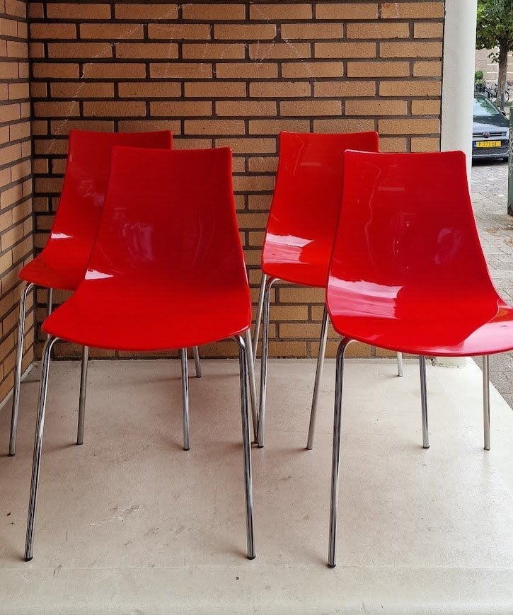Italiaanse Calligaris design stoelen rood 6 stuks, Ophalen, Zo goed als nieuw, Modern, Rood